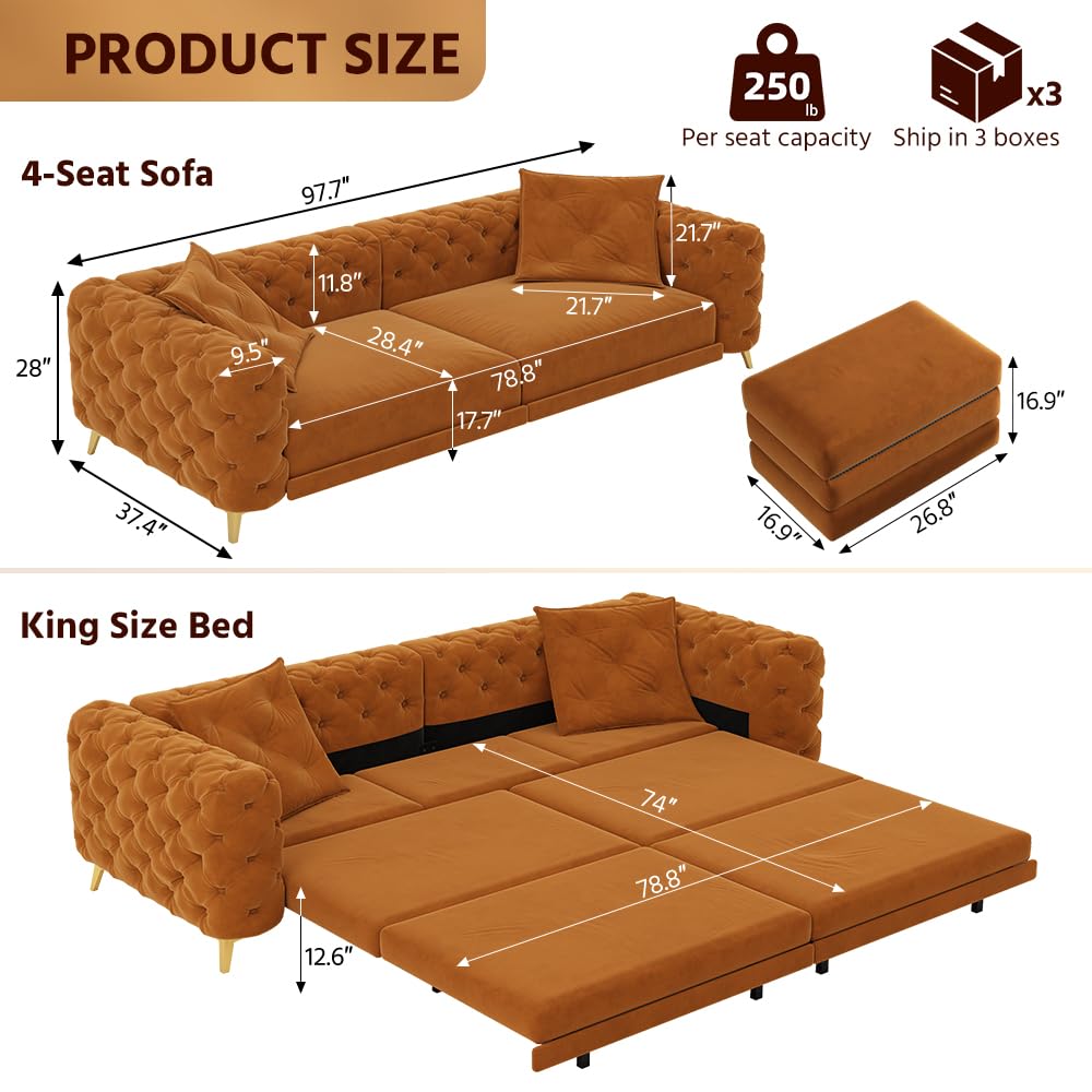 Orange Velvet Convertible Sleeper Sofa with Ottoman Q418
