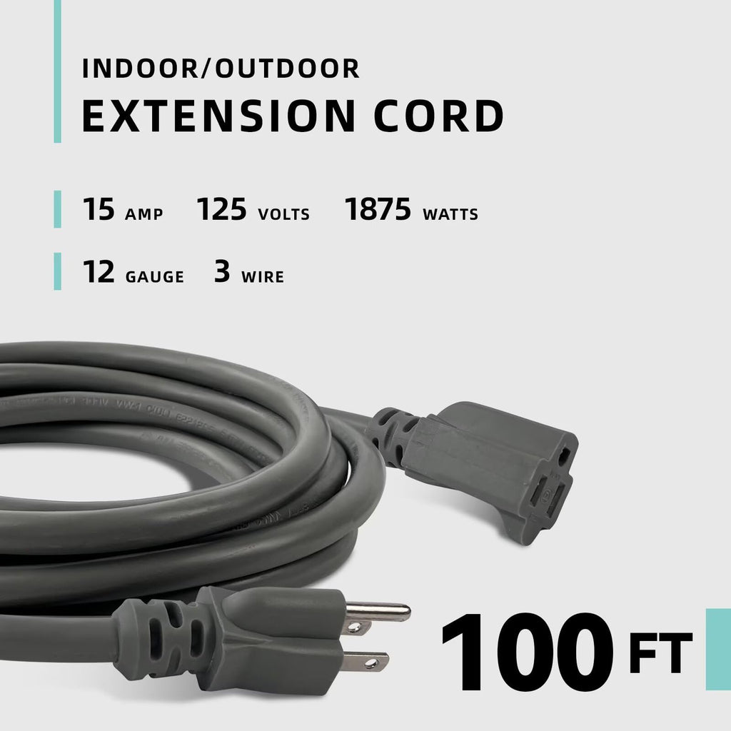 100ft Indoor Outdoor Extension Cord 12/3 SJTW Heavy Duty 15Amp 1875W Gray X120255