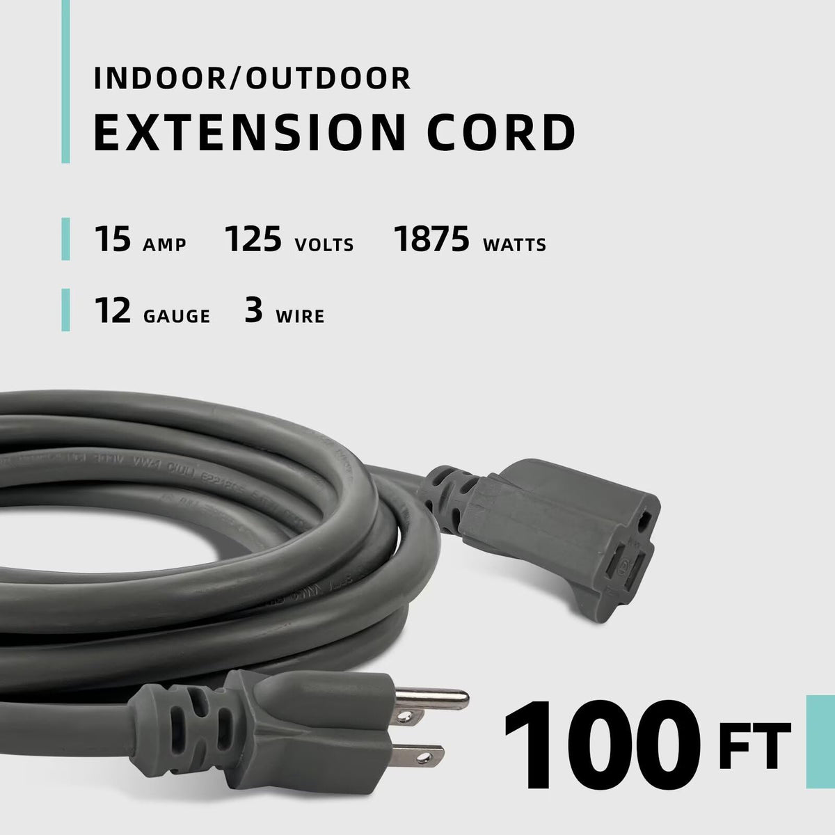 100ft Indoor Outdoor Extension Cord 12/3 SJTW Heavy Duty 15Amp 1875W Gray X120255