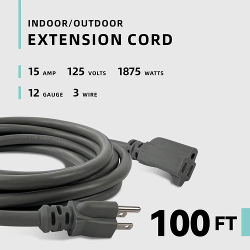 100ft Indoor Outdoor Extension Cord 12/3 SJTW Heavy Duty 15Amp 1875W Gray X120255
