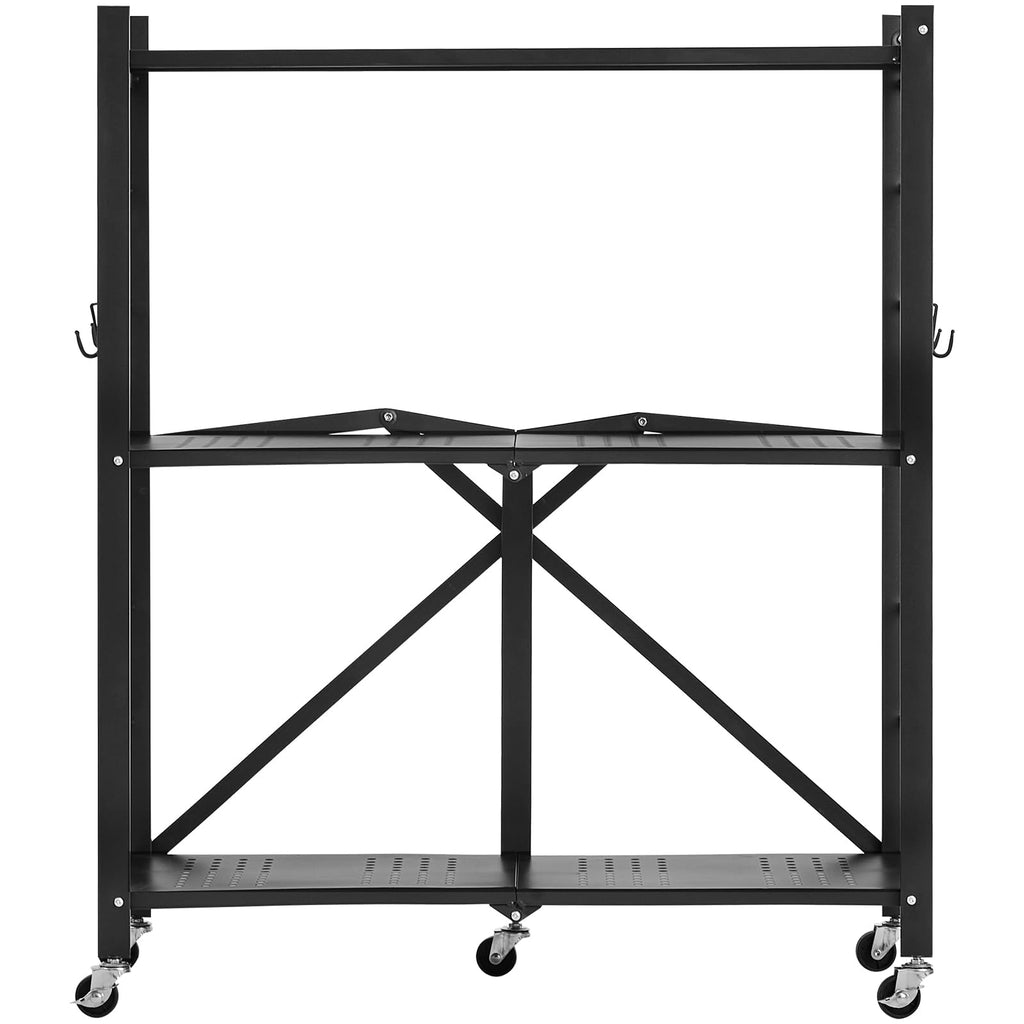 3-Tier Foldable Metal Storage Shelf with Wheels and Hooks, Black S408