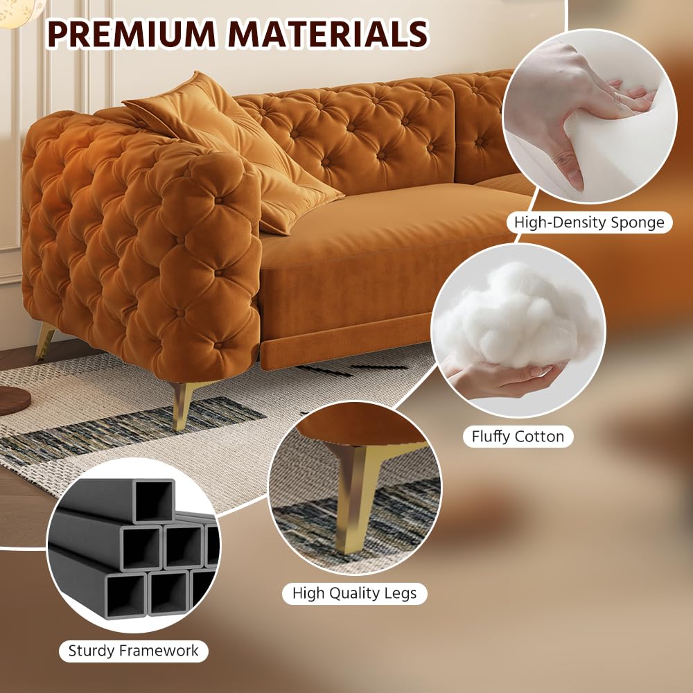 Orange Velvet Convertible Sleeper Sofa with Ottoman Q418
