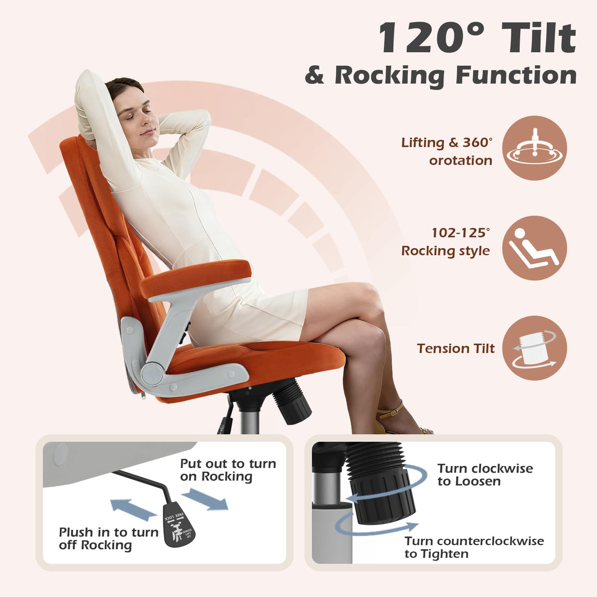 Orange Mesh and Velvet Office Chair with Arms and Wheels B743915