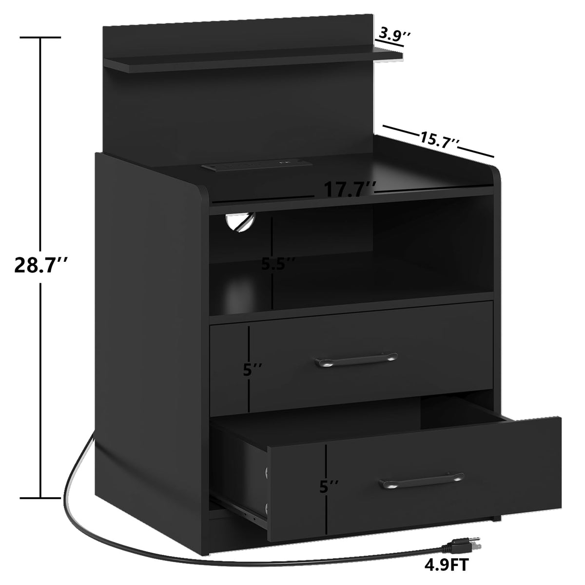 Black LED Nightstand with Charging Station and 2 Drawers N692