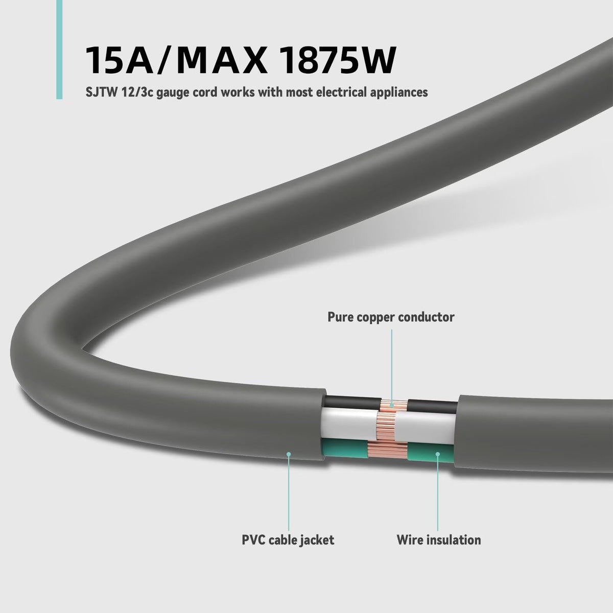 100ft Indoor Outdoor Extension Cord 12/3 SJTW Heavy Duty 15Amp 1875W Gray X120255