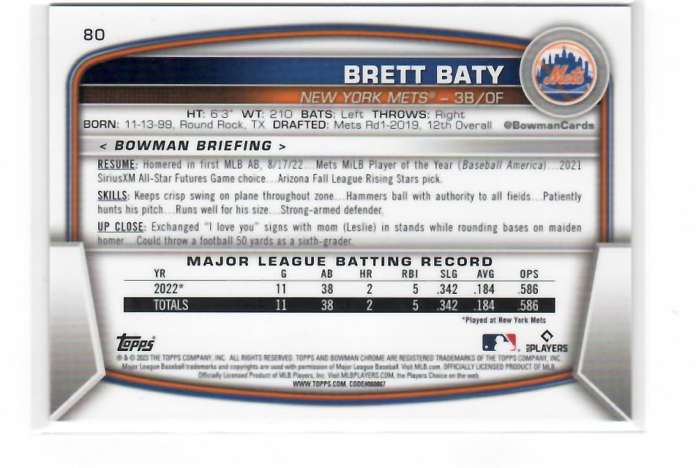 Bowman Chrome Mega Box Mojo Refractor Purple #80 Brett Baty RC Rookie Card /250 New York Mets Baseball NM-MT G697982