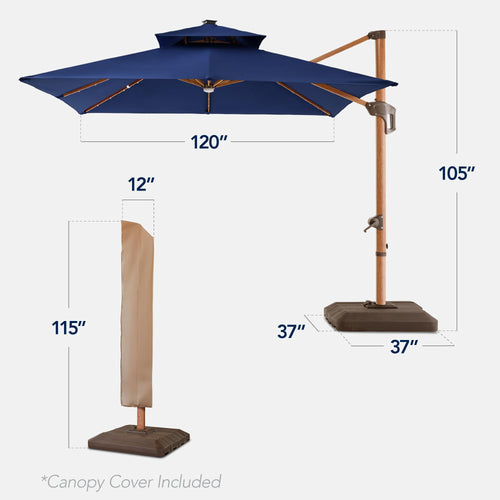 10ft Square Cantilever Patio Umbrella with Base and Solar LED Lights K856309