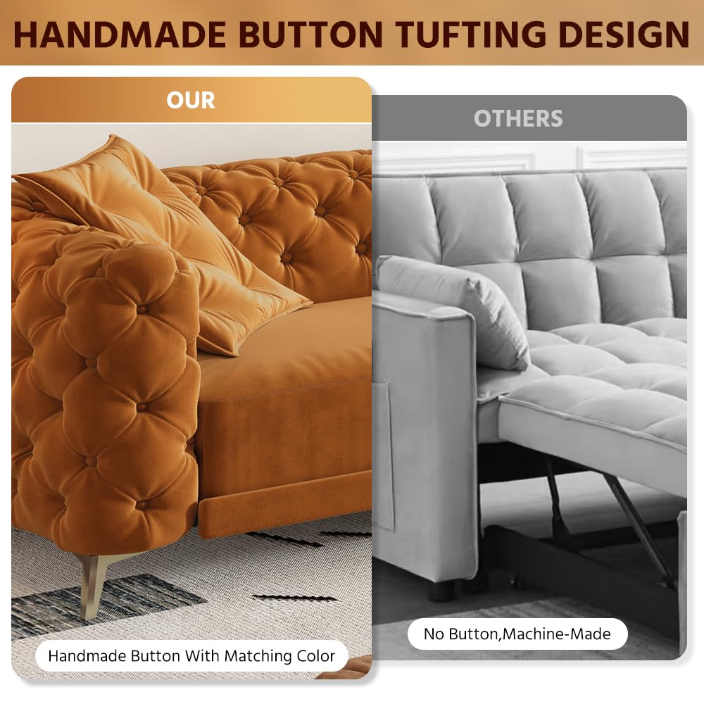 Orange Velvet Convertible Sleeper Sofa with Ottoman Q418