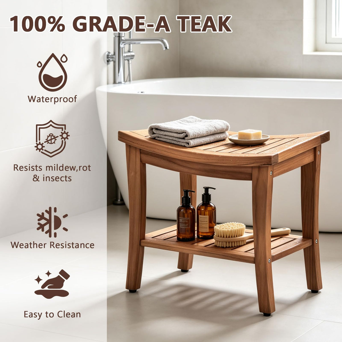 Teak Shower Bench Stool with Shelf P19114
