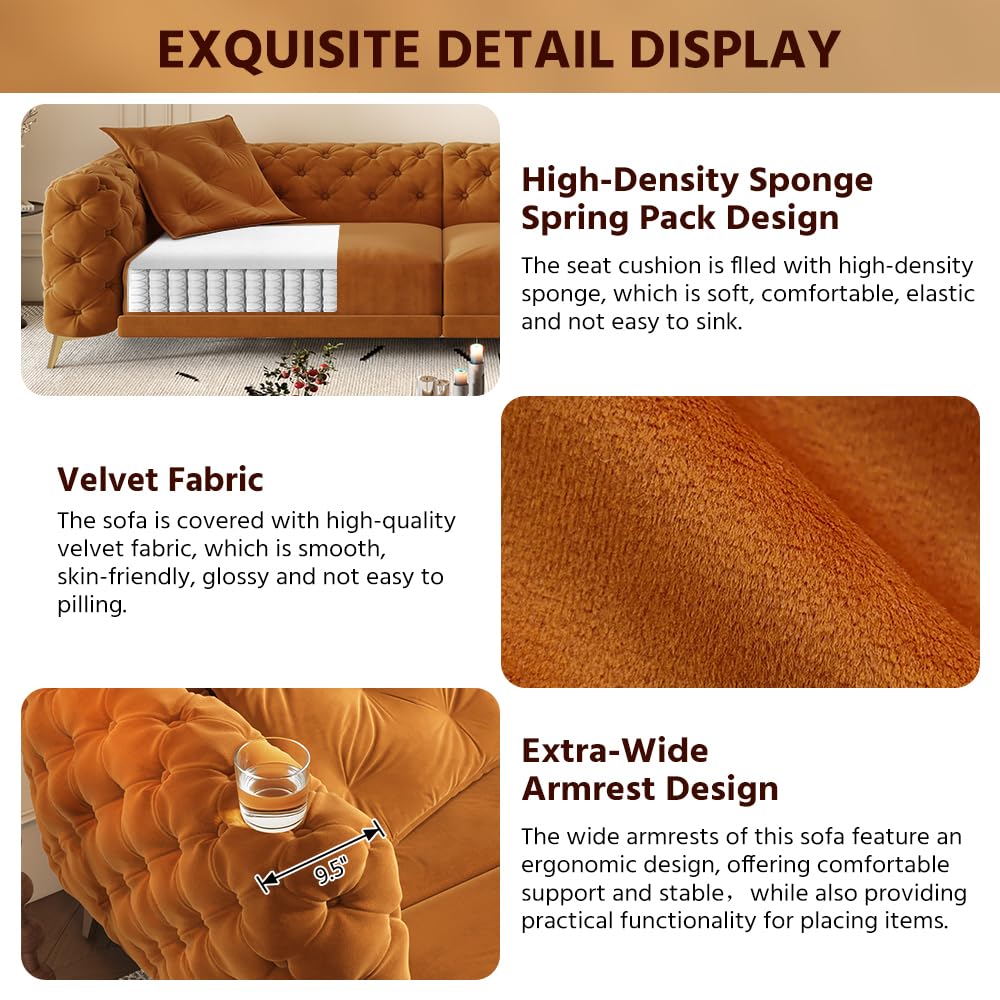 Orange Velvet Convertible Sleeper Sofa with Ottoman Q418