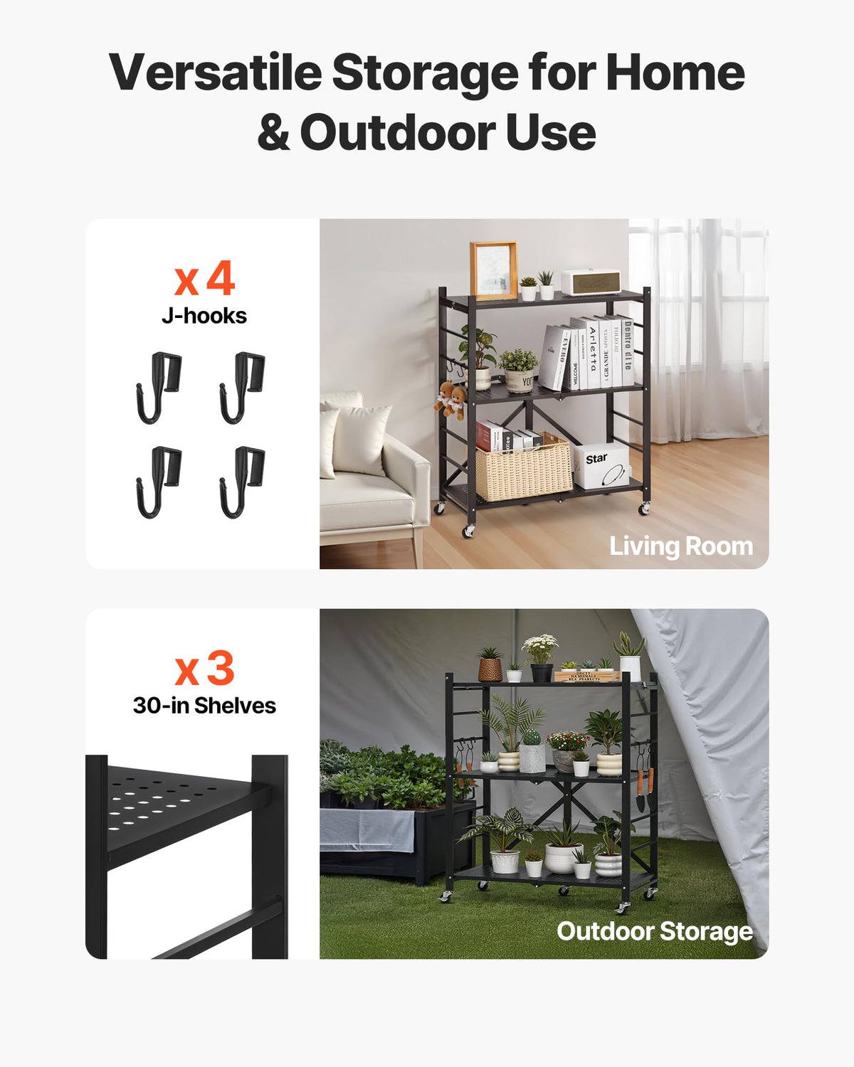 3-Tier Foldable Metal Storage Shelf with Wheels and Hooks, Black S408