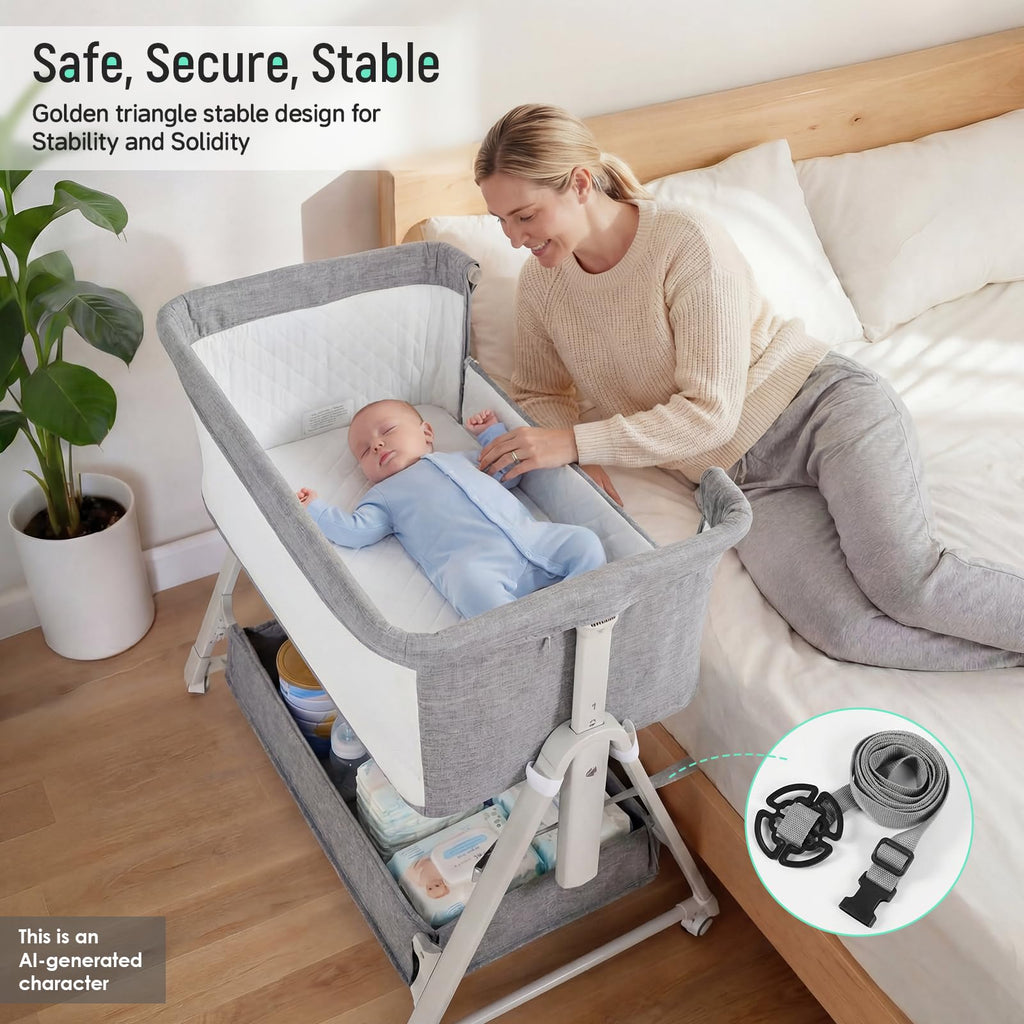 Baby Bassinet Bedside Crib with Mattress Wheel Storage Travel Bag Light Grey W21368