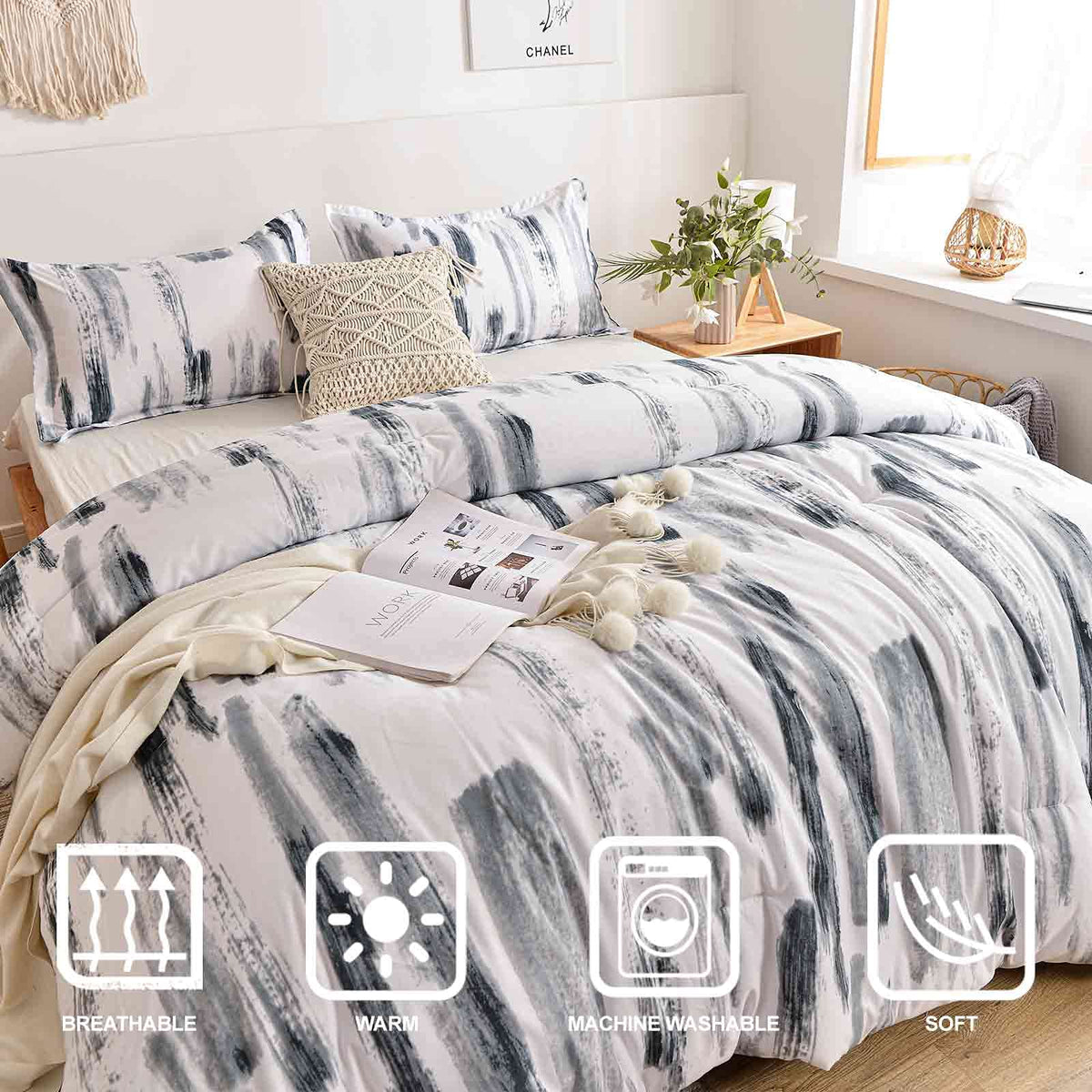 King 3pc Grey White Reversible Microfiber Comforter Set Y792011
