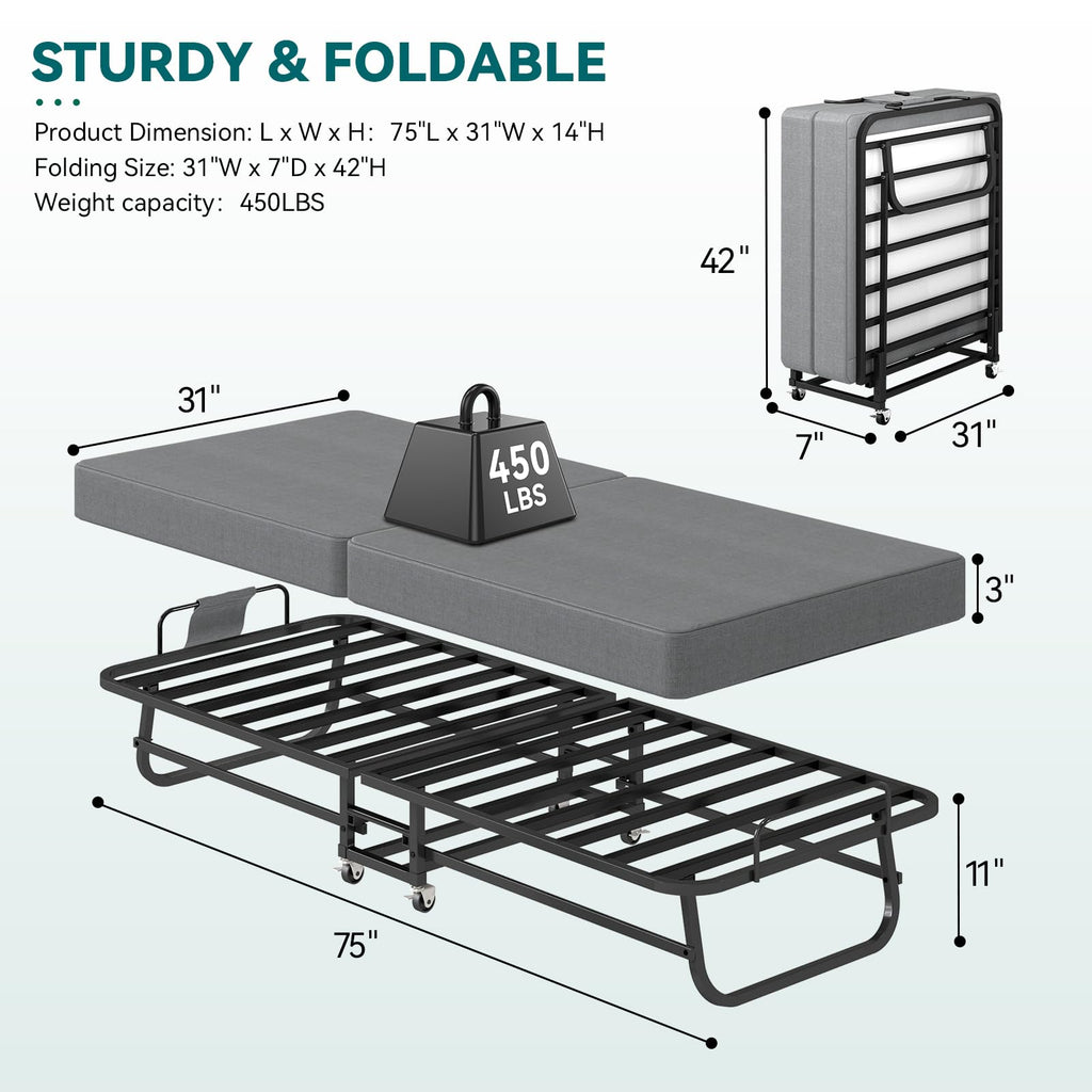 Folding Bed with Mattress and Metal Frame L29132