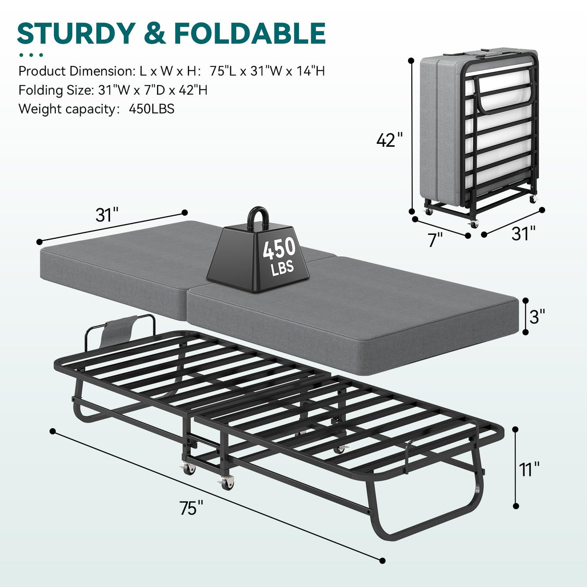 Folding Bed with Mattress and Metal Frame L29132