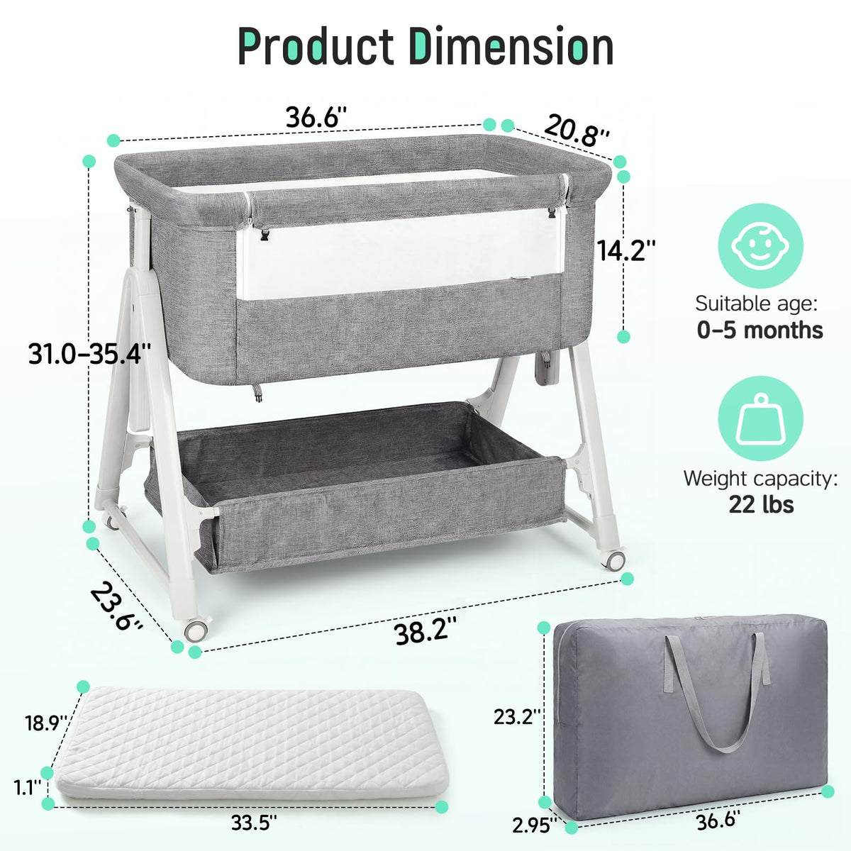 Baby Bassinet Bedside Crib with Mattress Wheel Storage Travel Bag Light Grey W21368