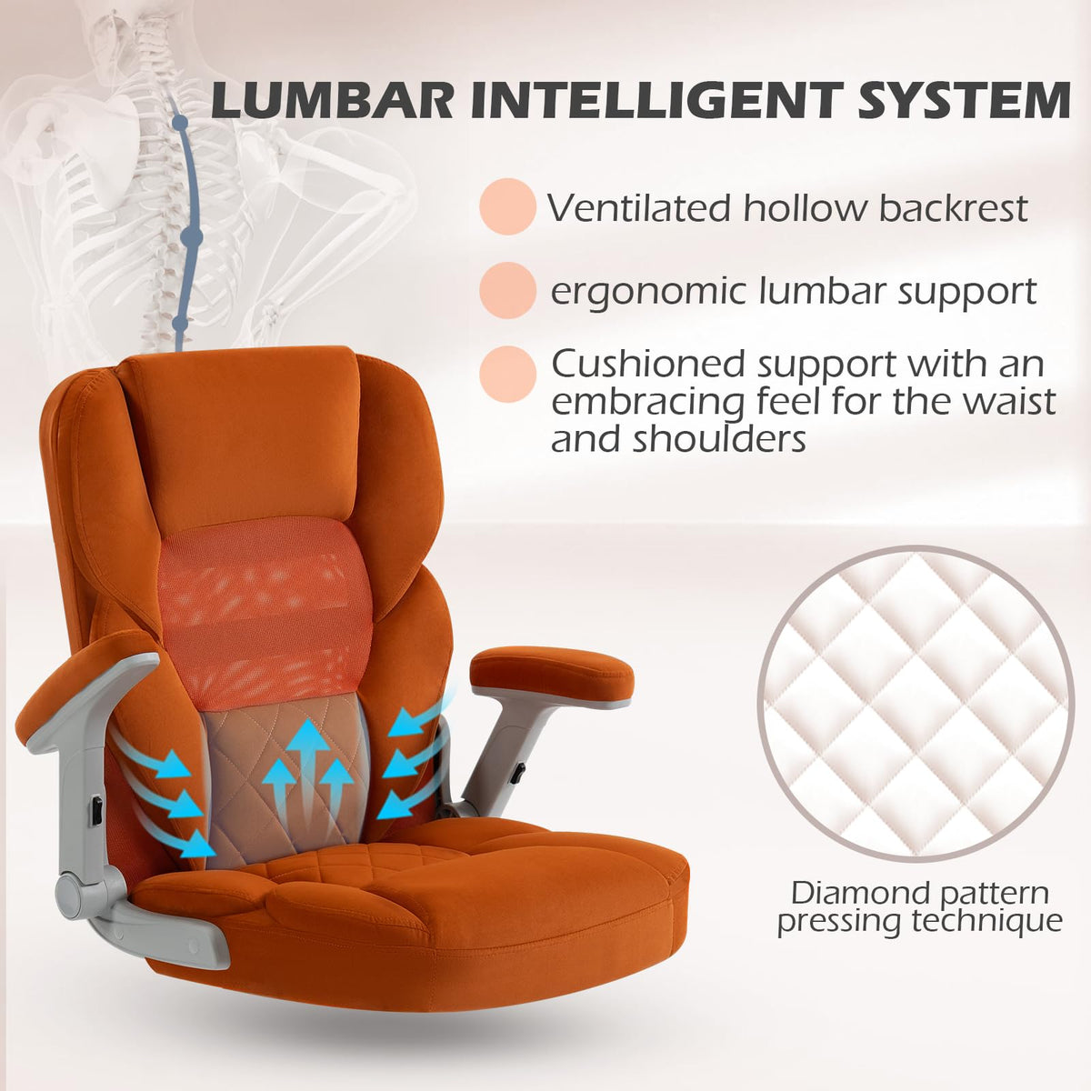 Orange Mesh and Velvet Office Chair with Arms and Wheels B743915