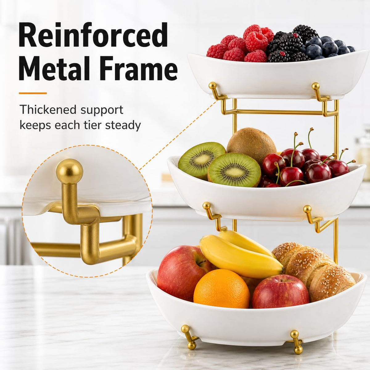 3 Tier Ceramic Fruit Basket with Gold Stand B204471