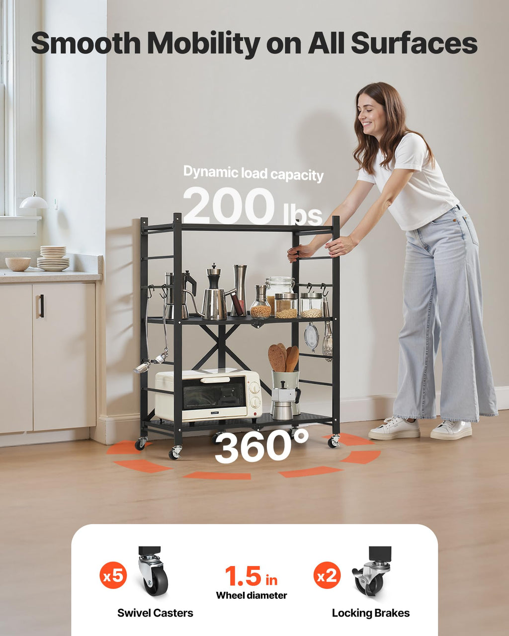 3-Tier Foldable Metal Storage Shelf with Wheels and Hooks, Black S408