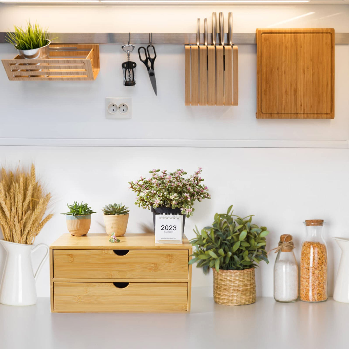 Bamboo Desk Organizer with Drawers W600
