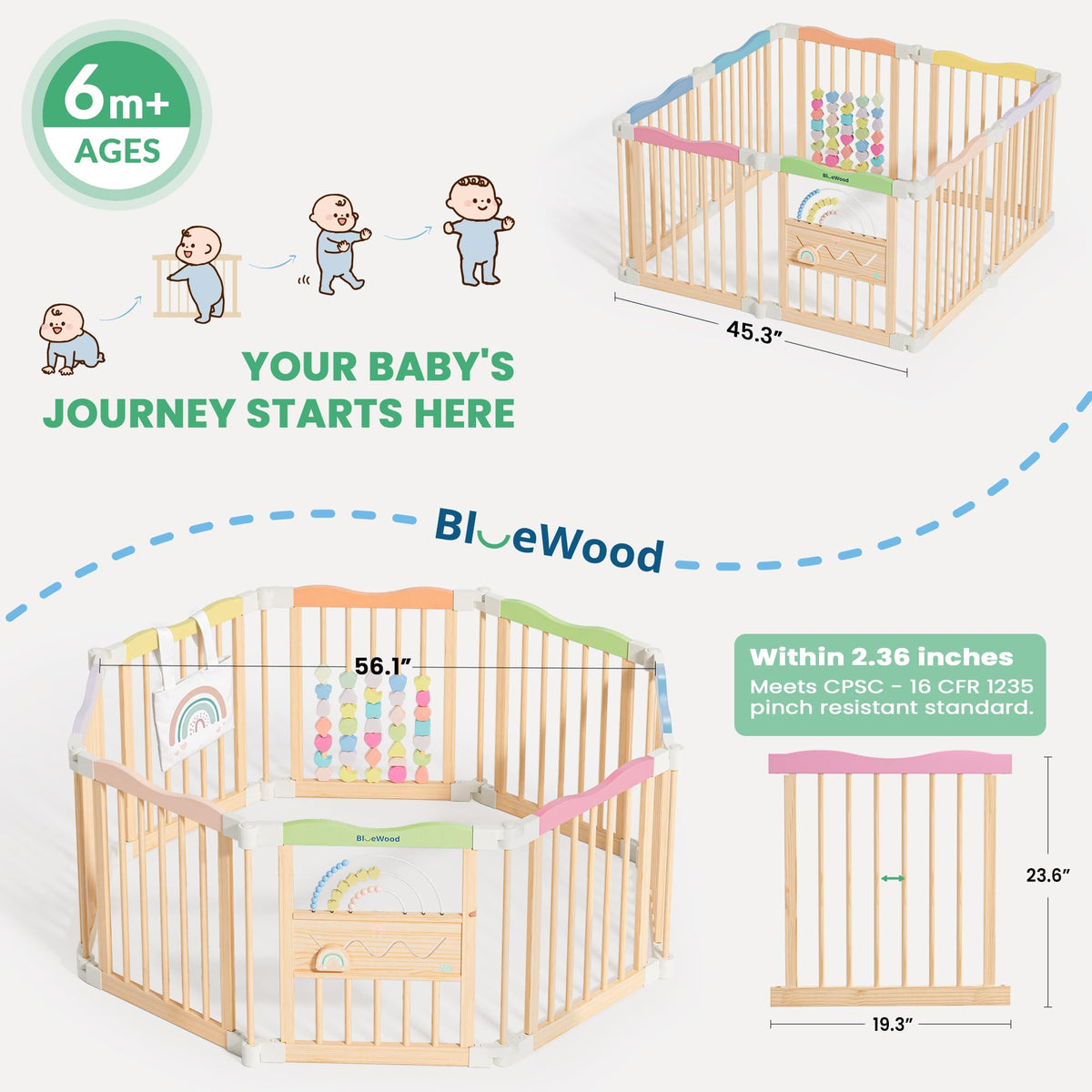 Foldable Wooden Baby Playpen, 45 x 45 x 24 inches T395