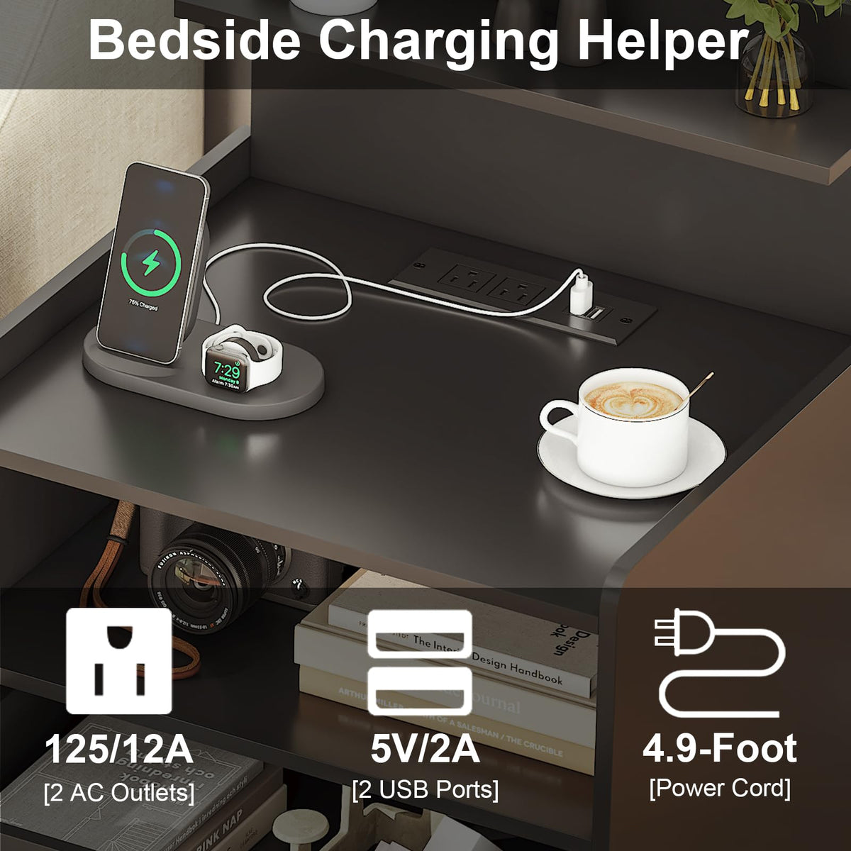 Black LED Nightstand with Charging Station and 2 Drawers N692