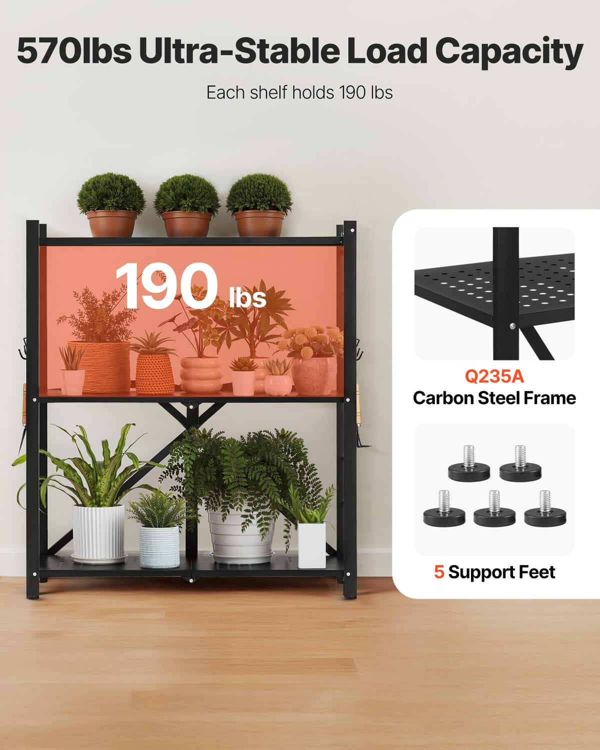 3-Tier Foldable Metal Storage Shelf with Wheels and Hooks, Black S408