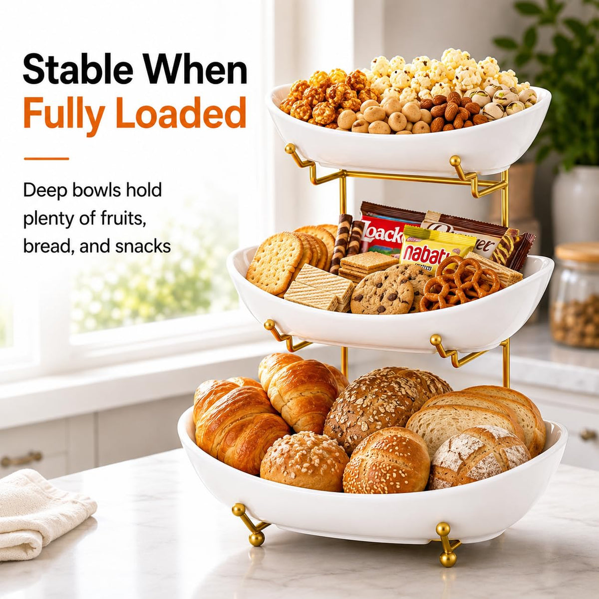3 Tier Ceramic Fruit Basket with Gold Stand B204471