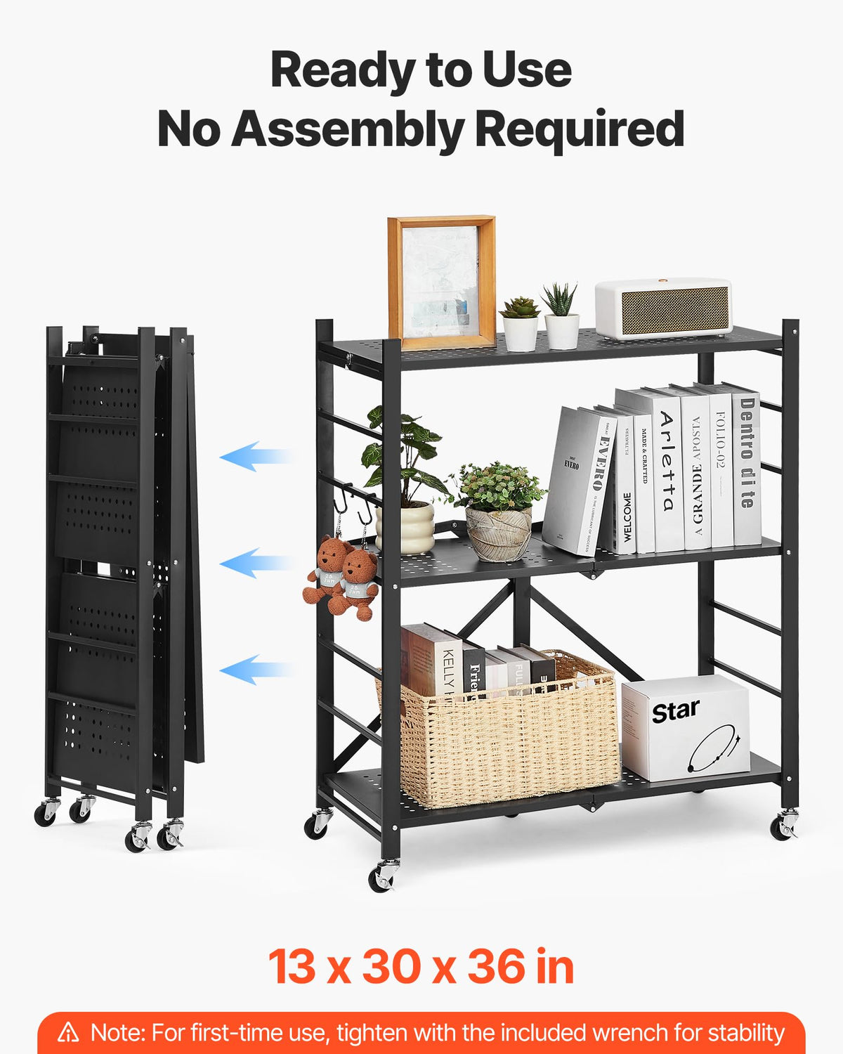 3-Tier Foldable Metal Storage Shelf with Wheels and Hooks, Black S408