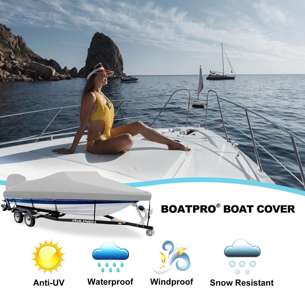 14-16ft Waterproof Marine Canvas Boat Cover with Outboard Motor Cover X15591