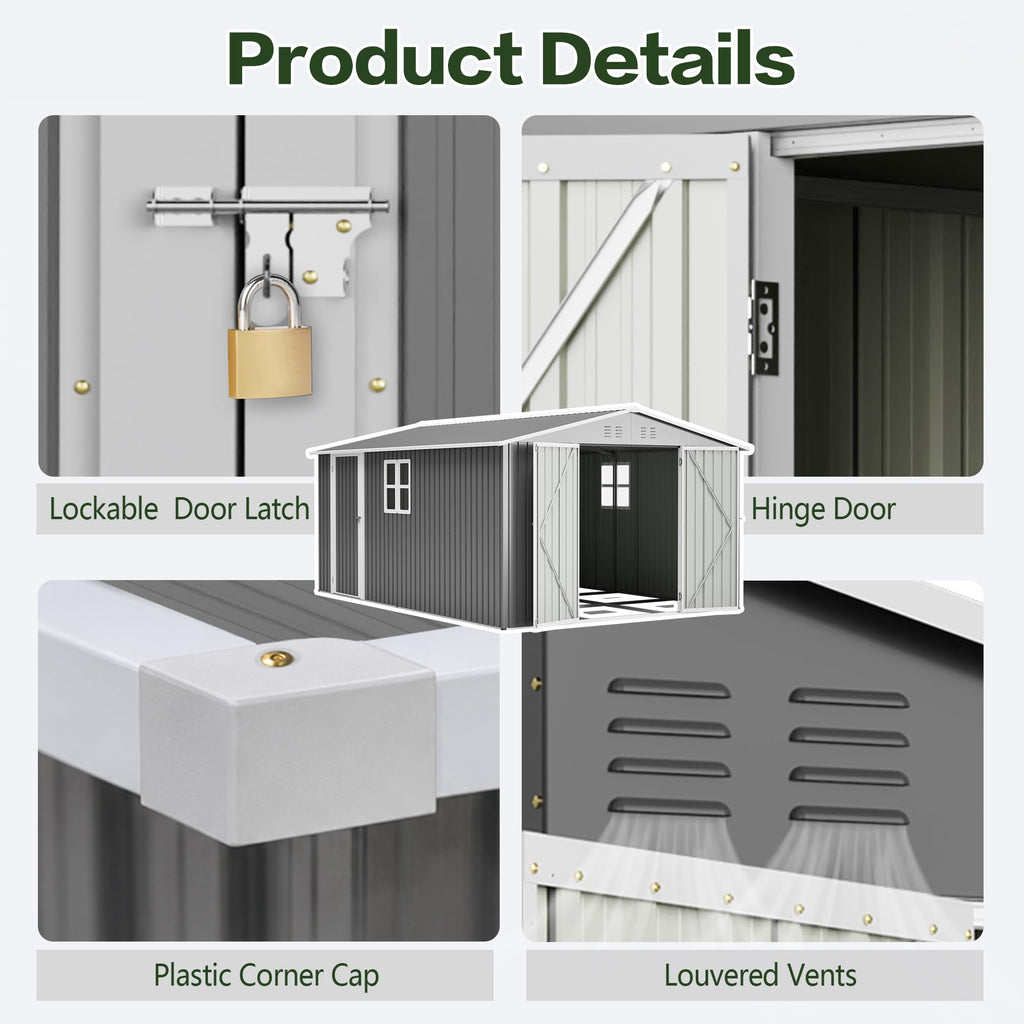 10x14 FT Metal Outdoor Storage Shed with Floor and 2 Windows X48596