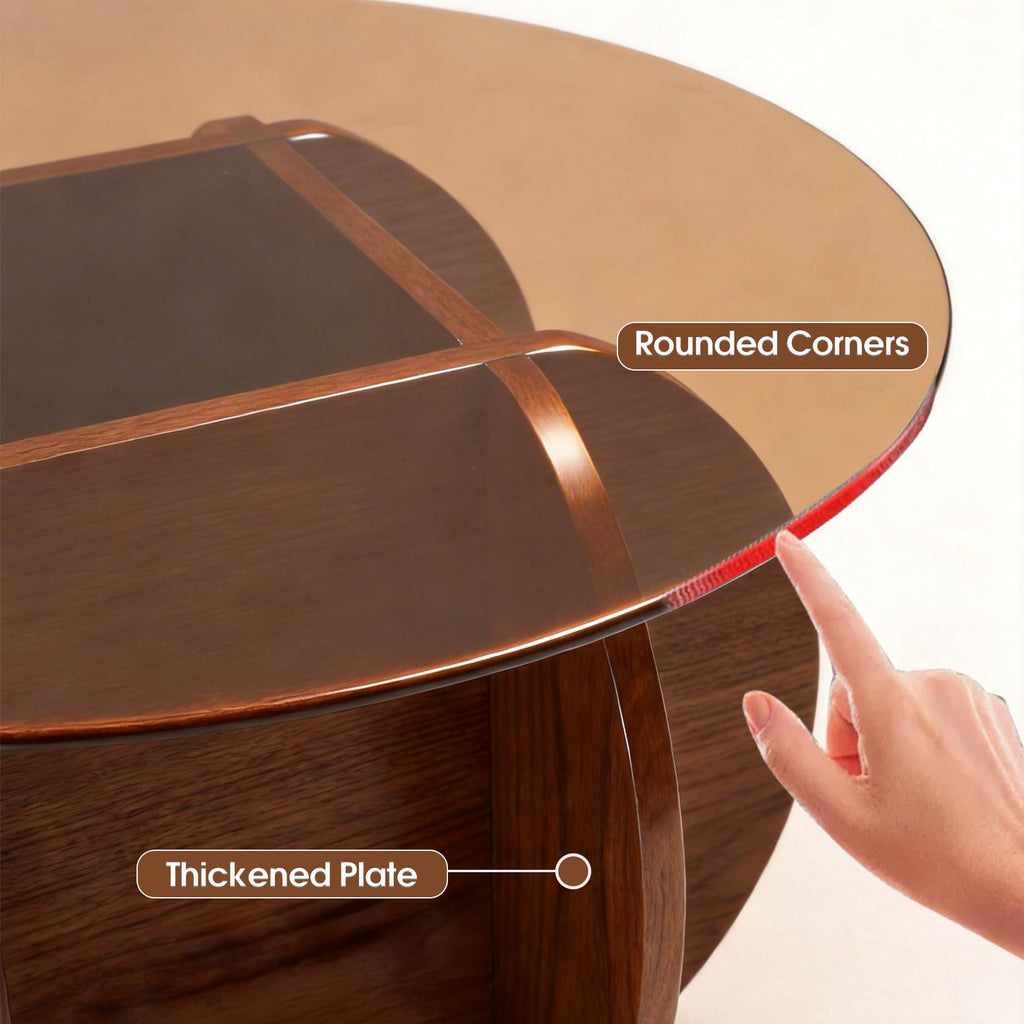 Round Glass Coffee Table with Solid Wood Legs A1784
