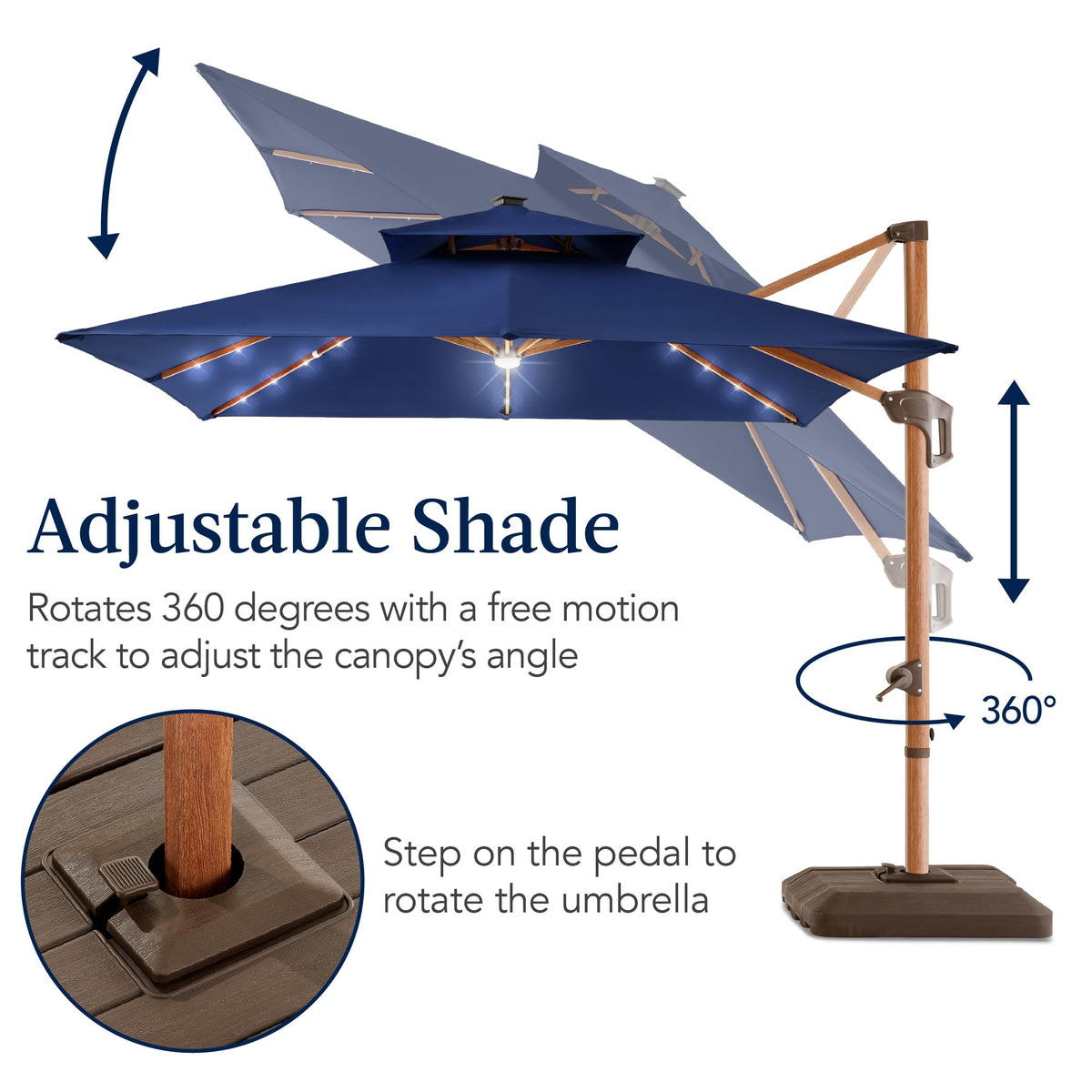 10ft Square Cantilever Patio Umbrella with Base and Solar LED Lights K856309