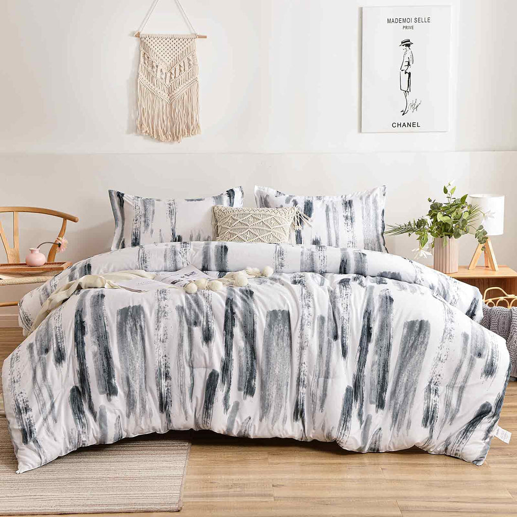 King 3pc Grey White Reversible Microfiber Comforter Set Y792011