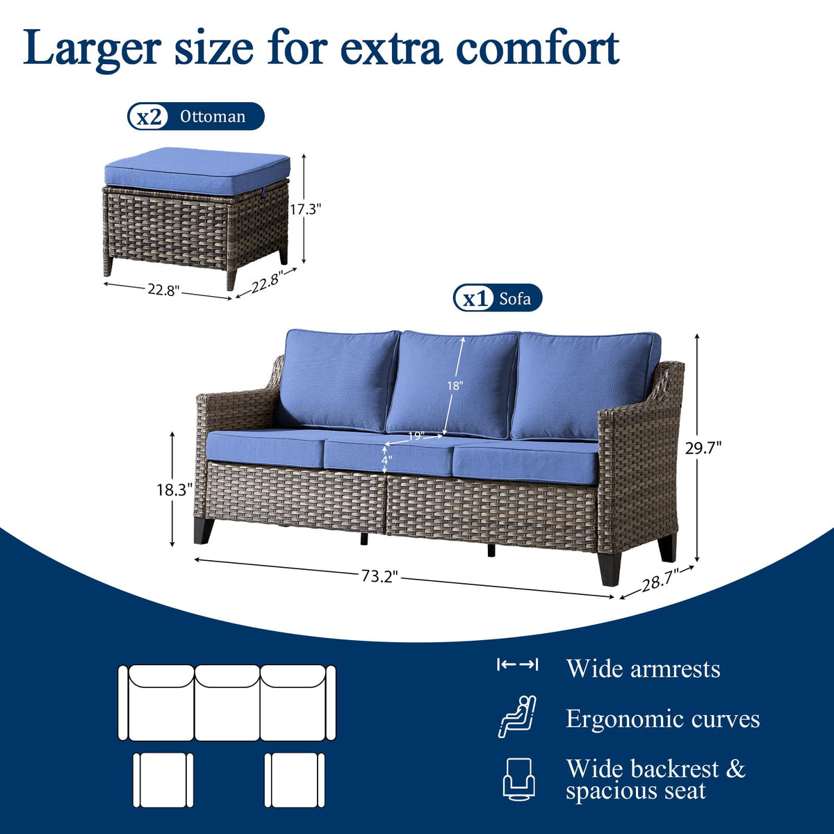 3 Pieces All Weather Wicker Patio Sofa Set with 2 Footstools Q280
