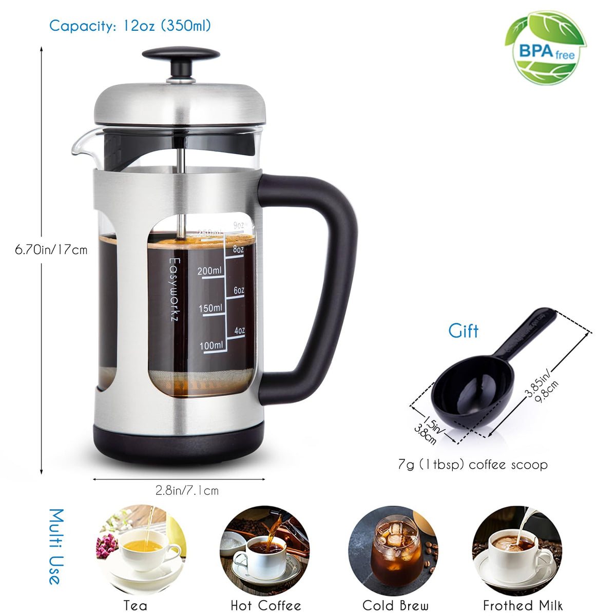 Stainless Steel French Press 12 oz with Measuring Coffee Spoon B40868