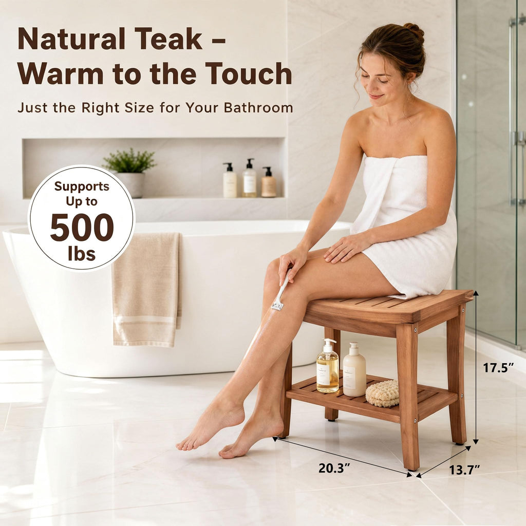 Teak Shower Bench Stool with Shelf P19114