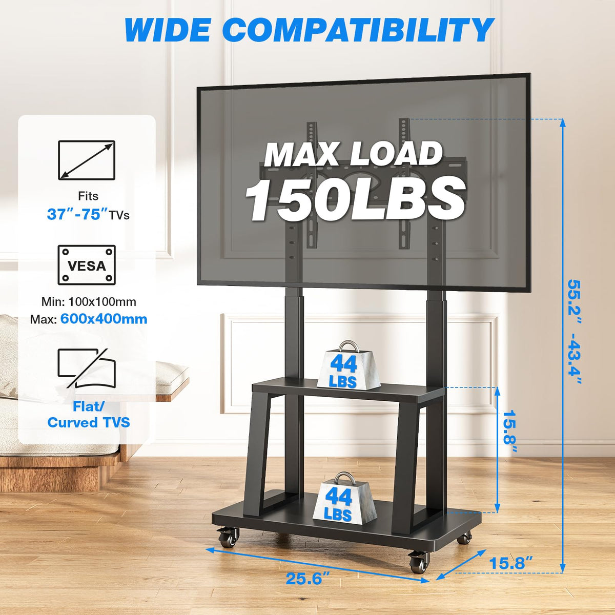 Mobile TV Cart Rolling TV Stand for 37-75 inch TVs K110