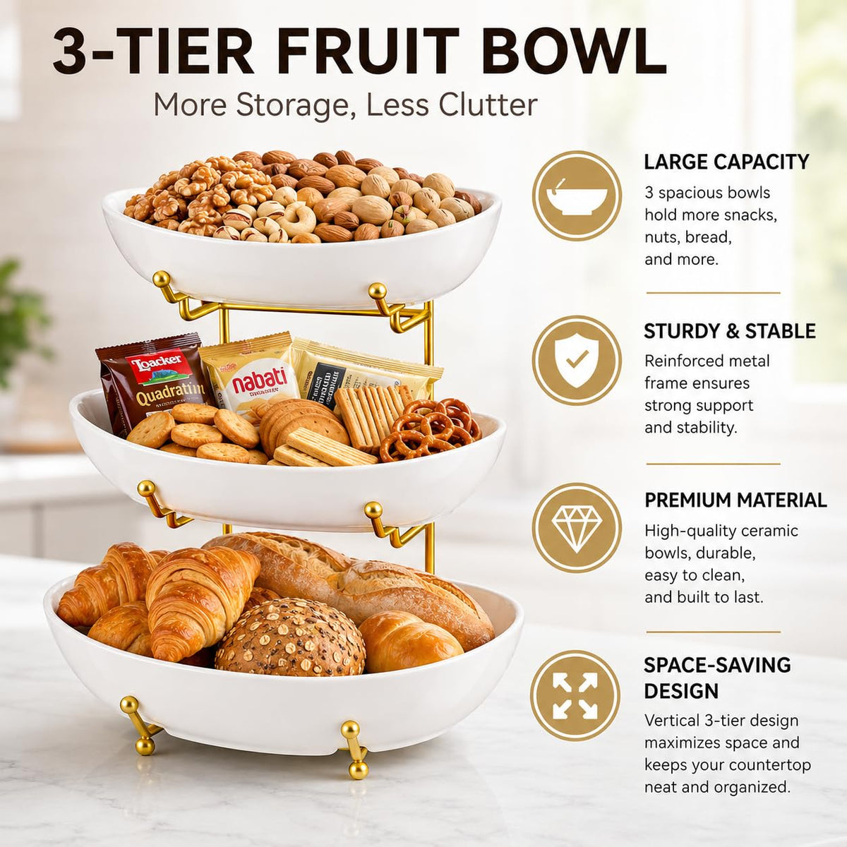 3 Tier Ceramic Fruit Basket with Gold Stand B204471