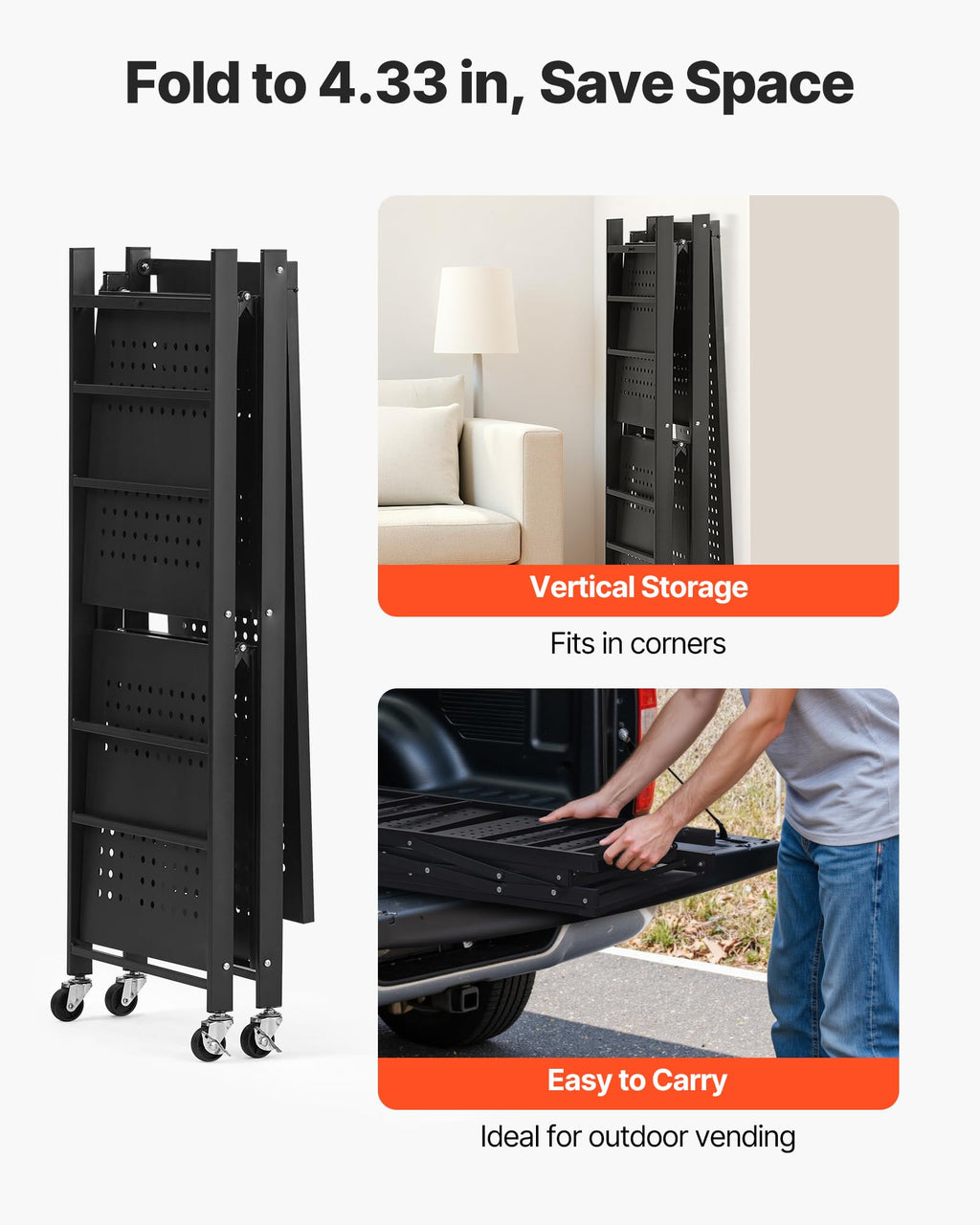 3-Tier Foldable Metal Storage Shelf with Wheels and Hooks, Black S408