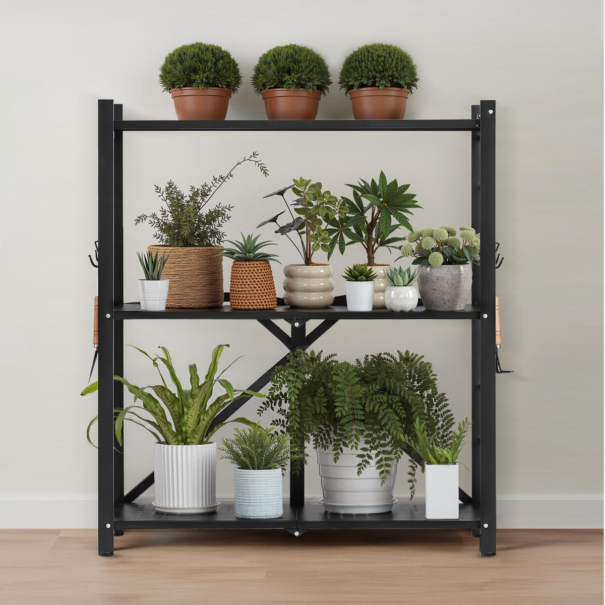 3-Tier Foldable Metal Storage Shelf with Wheels and Hooks, Black S408