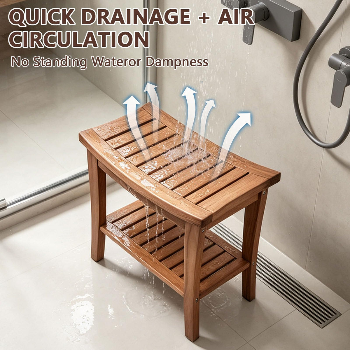 Teak Shower Bench Stool with Shelf P19114