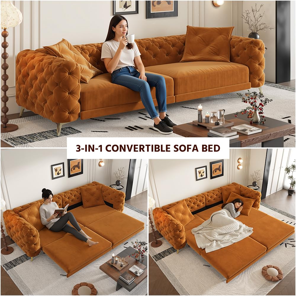 Orange Velvet Convertible Sleeper Sofa with Ottoman Q418