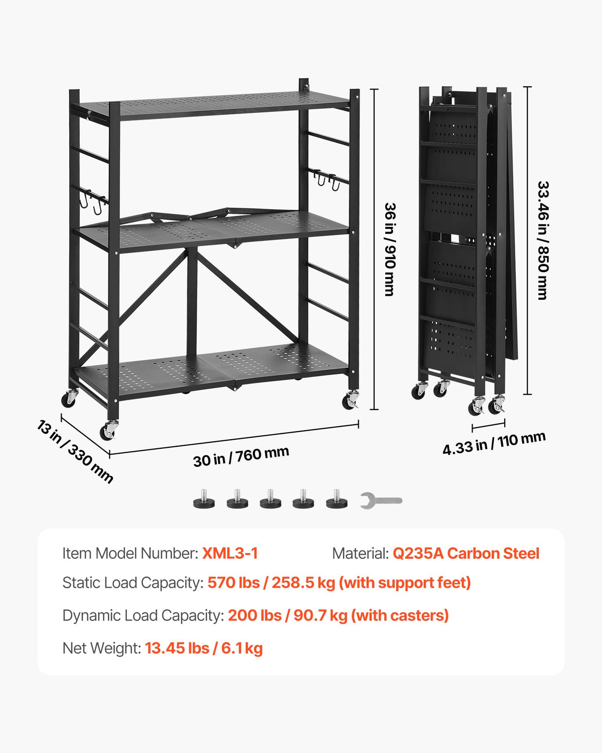 3-Tier Foldable Metal Storage Shelf with Wheels and Hooks, Black S408