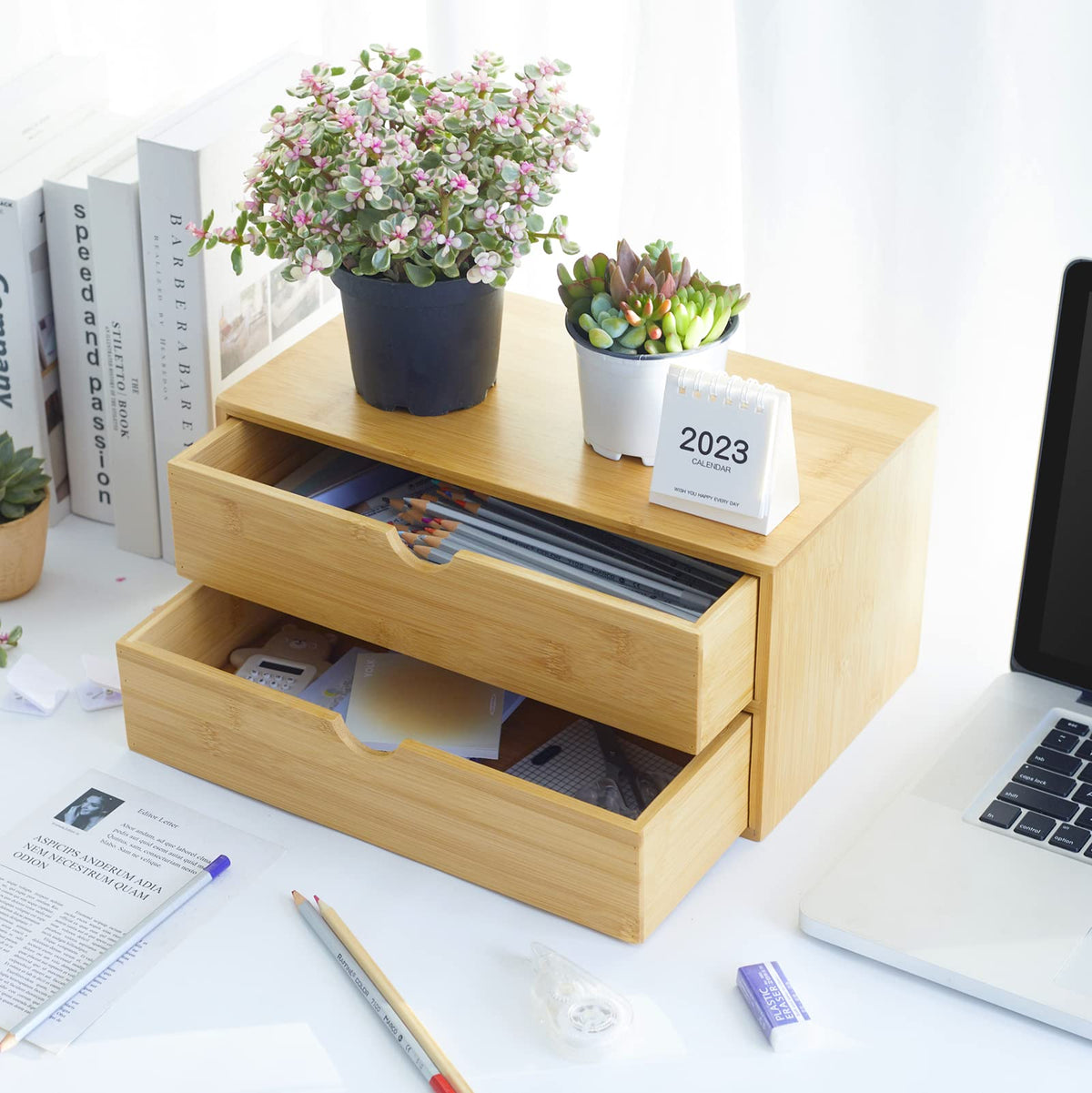 Bamboo Desk Organizer with Drawers W600