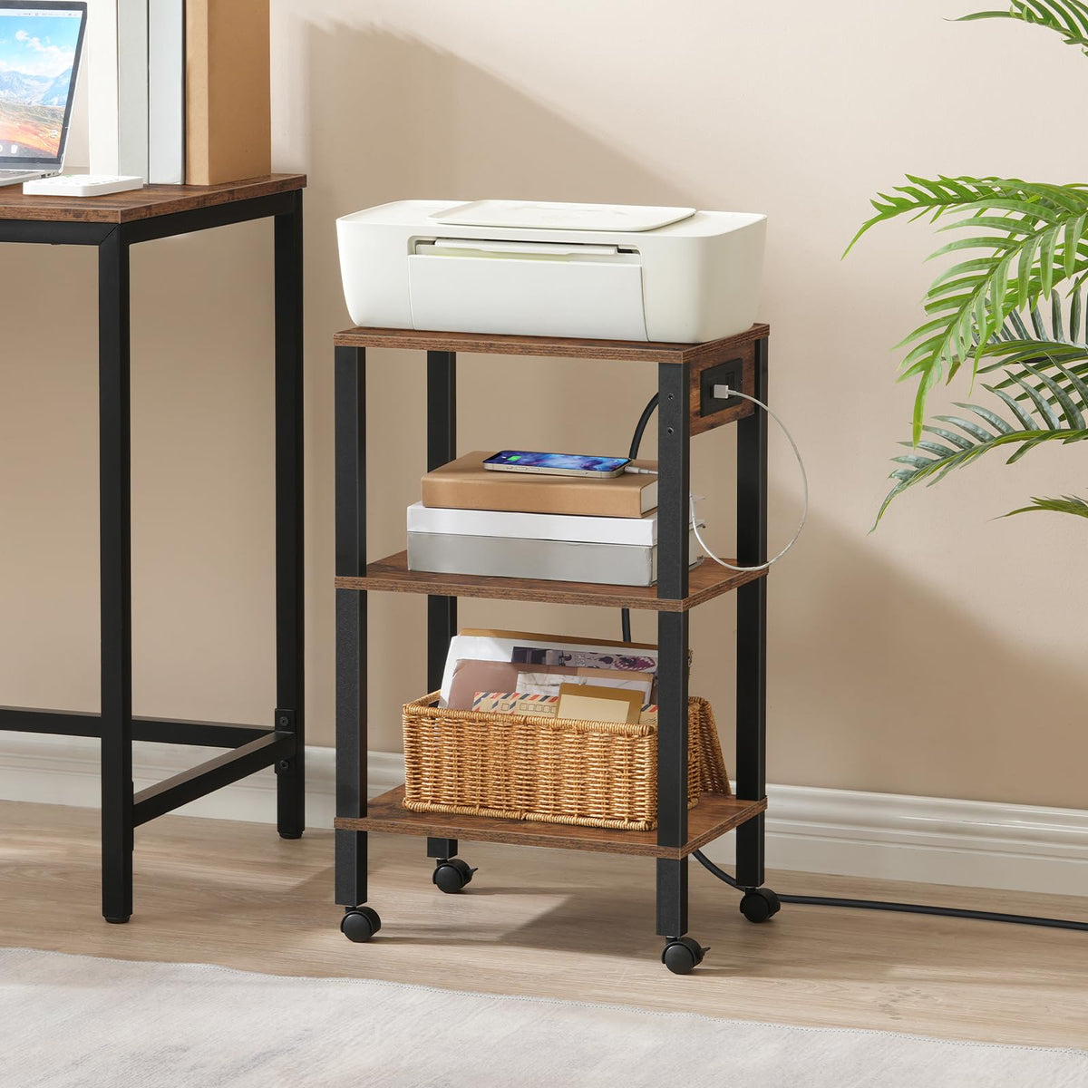 3-Tier Printer Stand with Charging Station and Storage Shelves M143