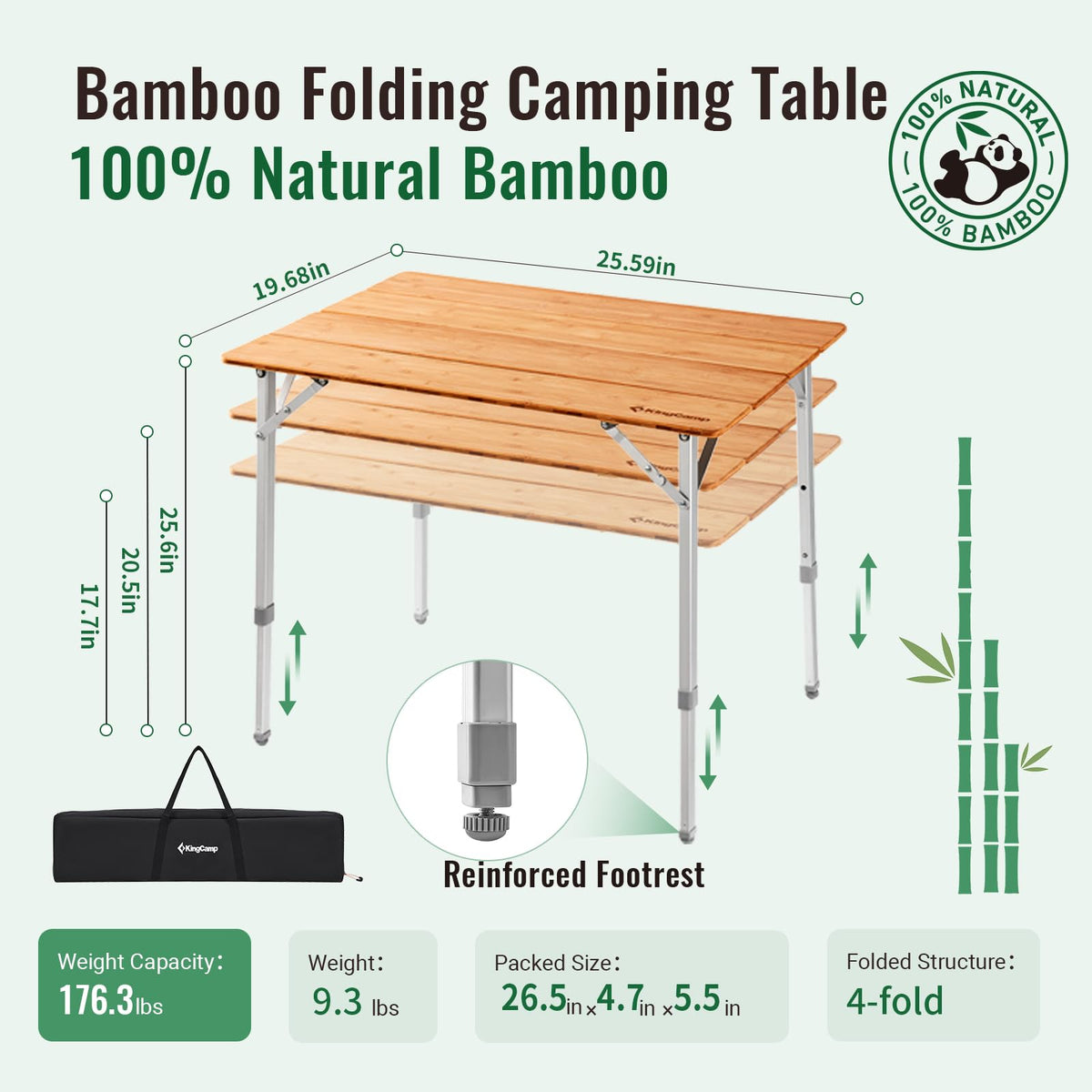 Folding Camping Table Bamboo Adjustable Portable Table X722