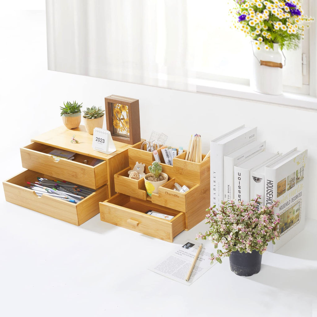 Bamboo Desk Organizer with Drawers W600