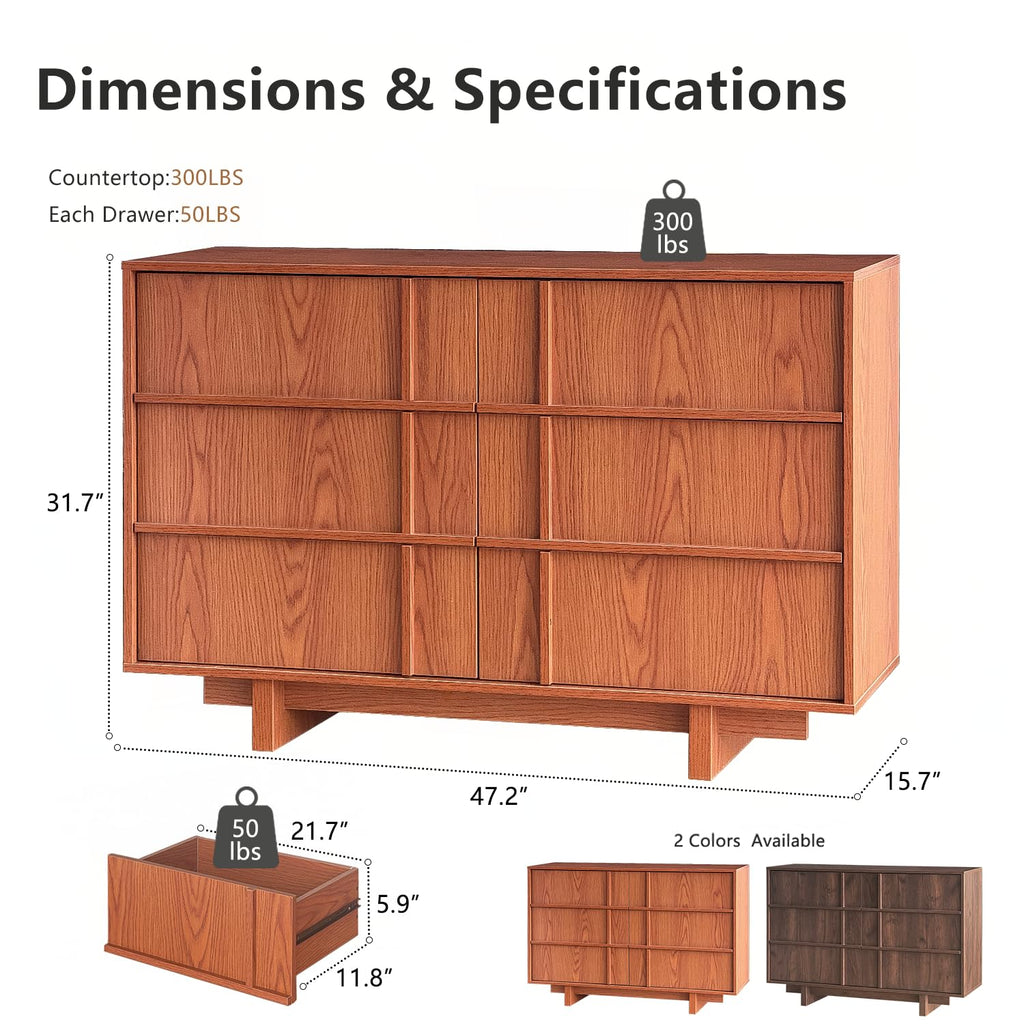 47" Wide 6 Drawer Dresser and Nightstand Set 3 Piece, Cherry S7687