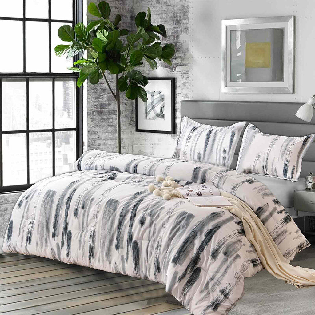 King 3pc Grey White Reversible Microfiber Comforter Set Y792011